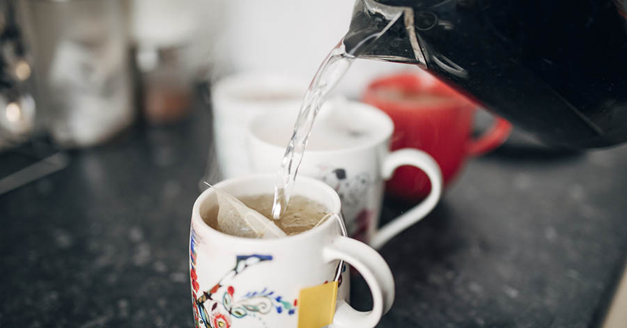 Boiling water being poured to make a cuppa.