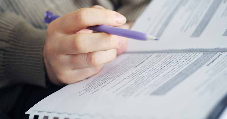 Person holding pencil while reviewing guidelines.